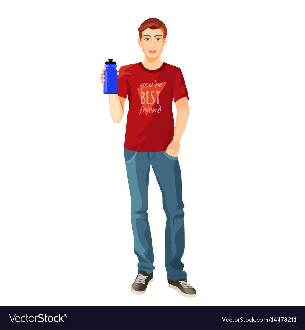 Man in t-shirt and jeans with plastic flask