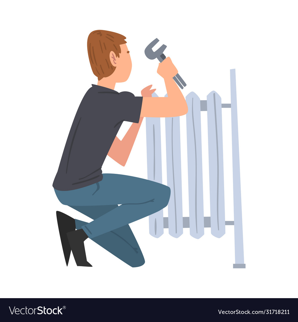 Man repairing radiator or installing heating home