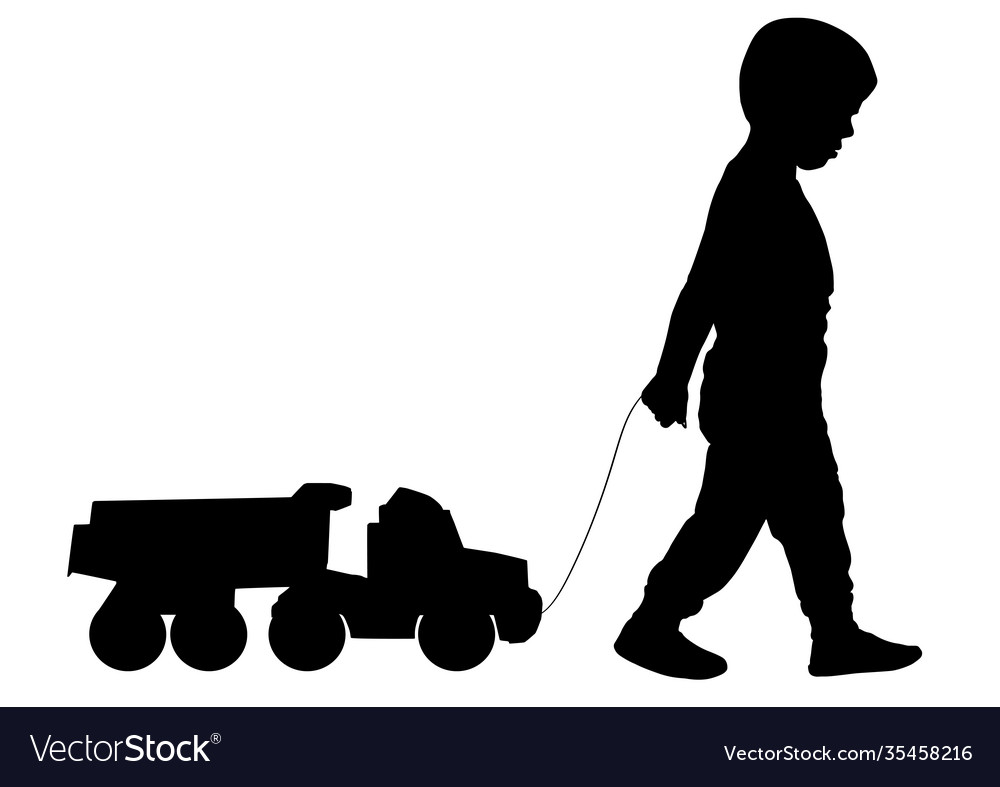 Boy rolls a toy car on rope silhouette