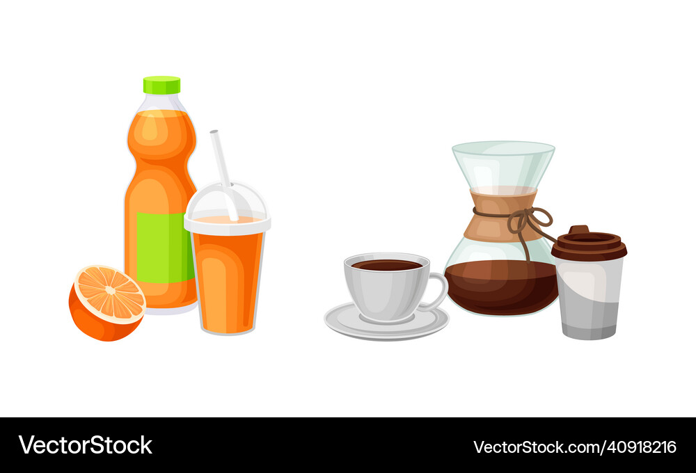 Fruit orange juice in bottle and brewed coffee Vector Image