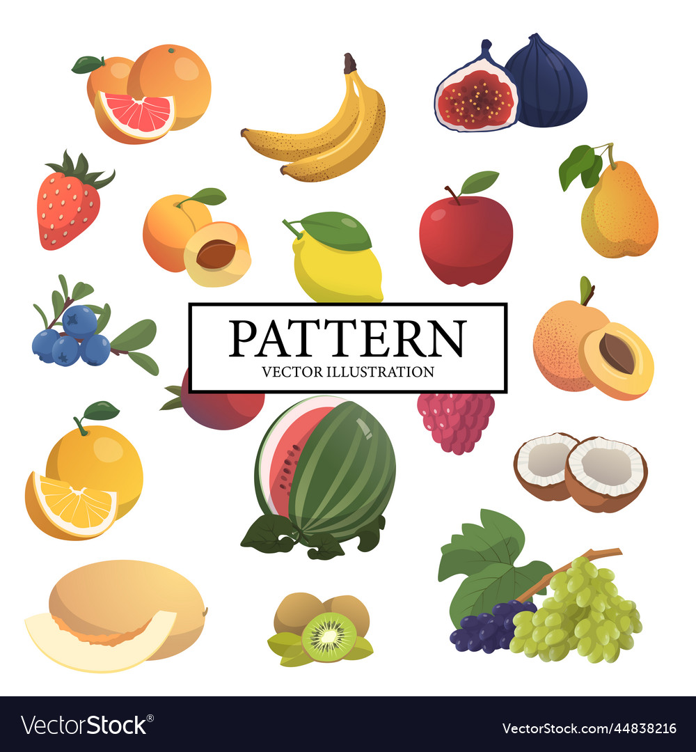 Pattern of various fruits on a white background