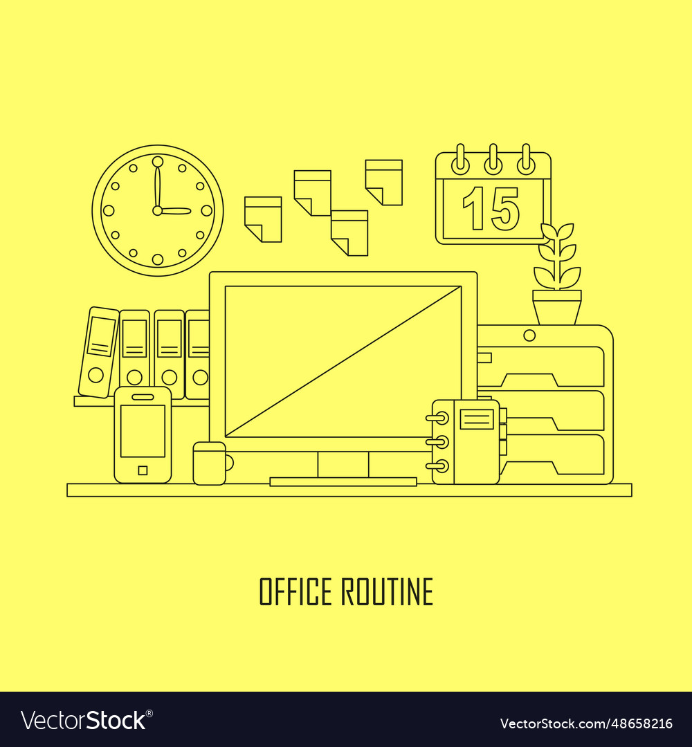 Routine office in flat thin line style