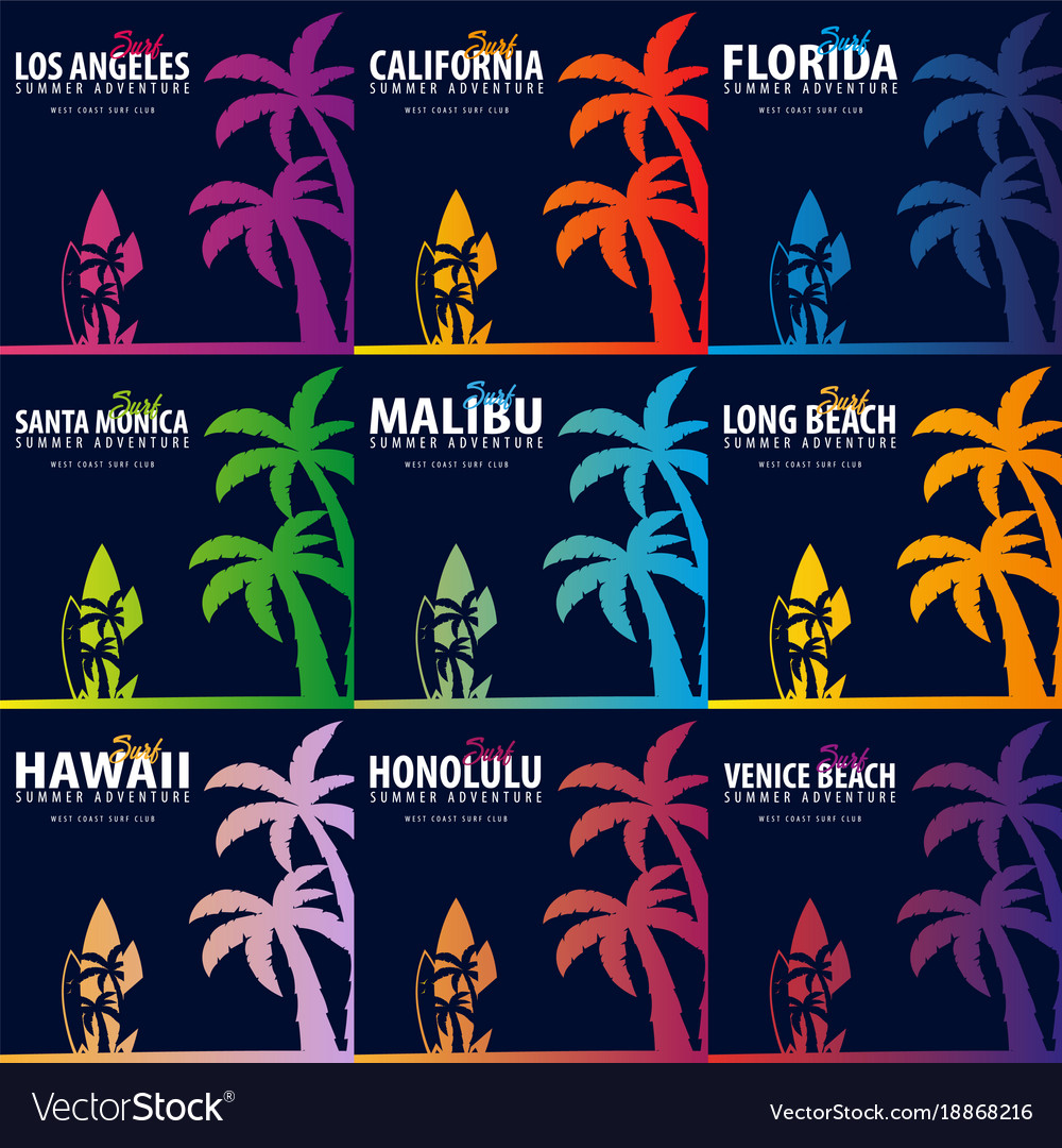 Set of surfing graphics with palms t-shirt design