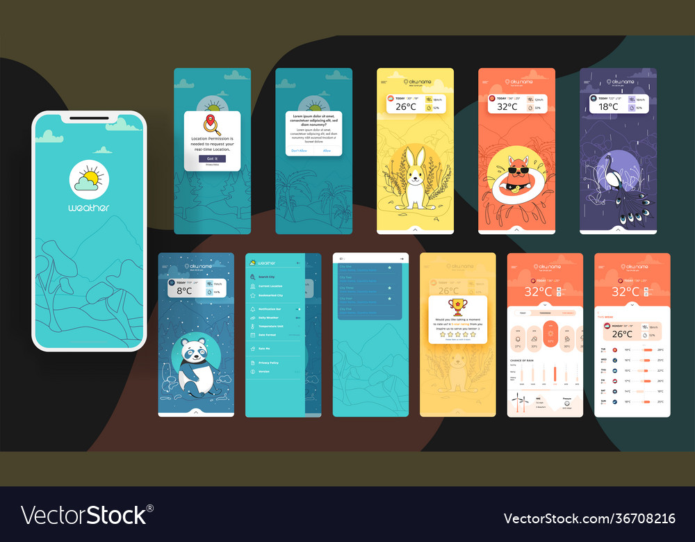 Trendy mobile app Wetter Widget ui kit Template vector image Trendy mobile app Wetter Widget ui kit Template