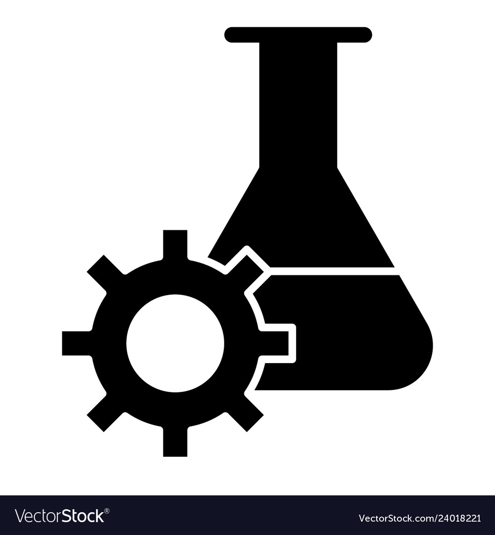 Experiment research solid icon lab flask and gear vector image Experiment research solid icon lab flask and gear