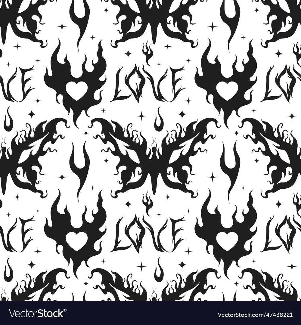 Flame y2k seamless fire pattern heart butterfly Vector Image