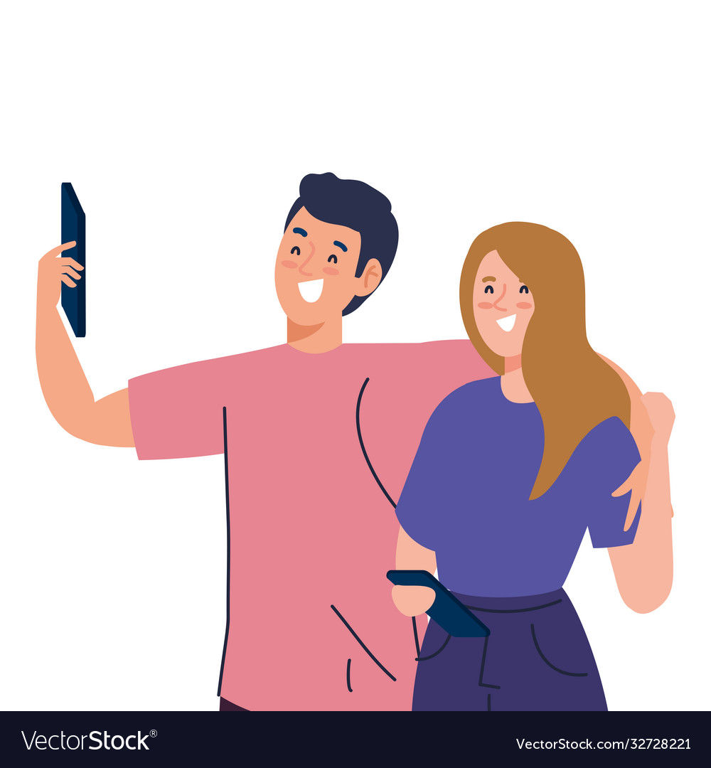 Happy couple take selfie on white background