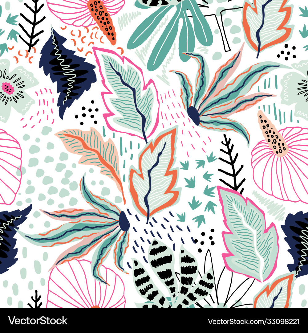 Seamless tropical pattern with hand drawn plants Vector Image