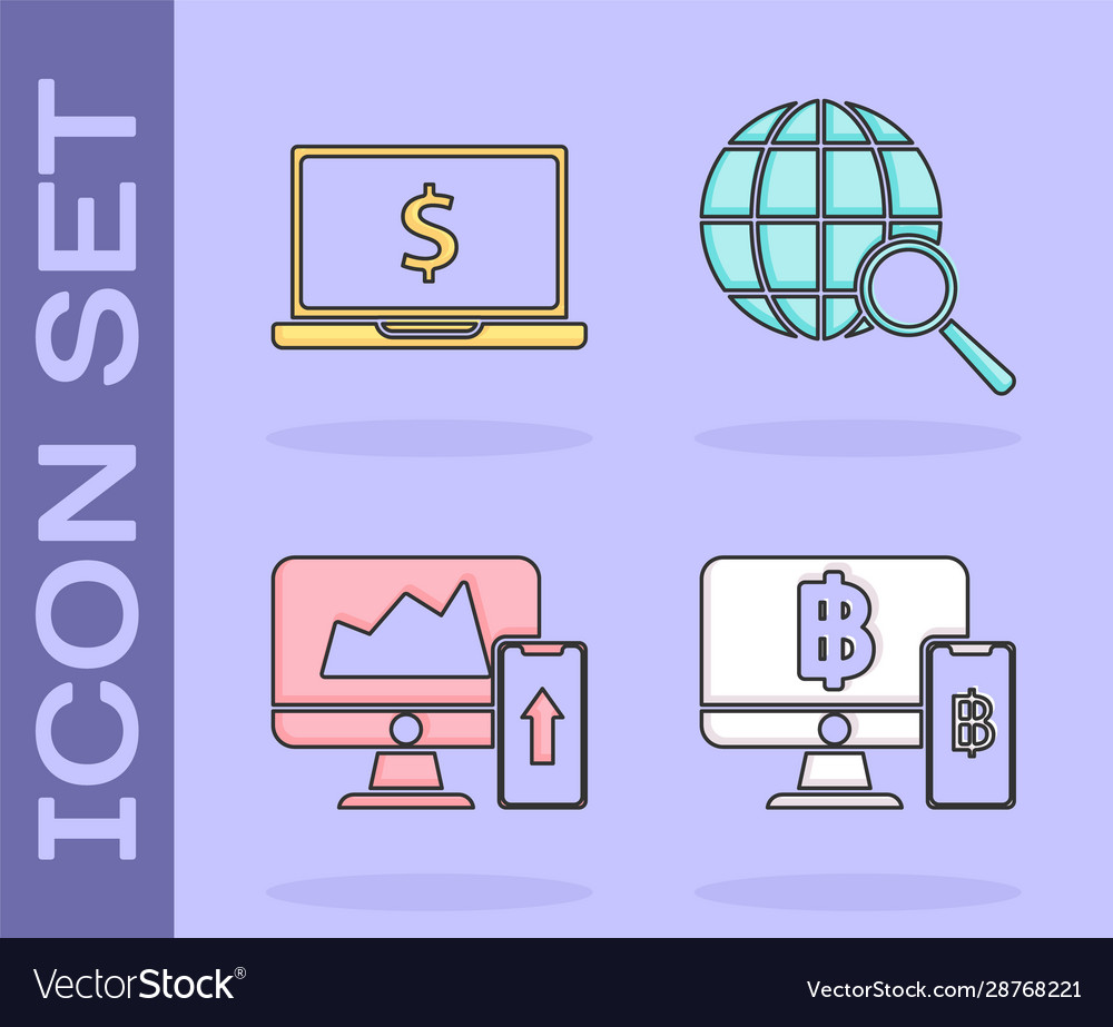 Set computer monitor with mobile phone and bitcoin vector image Set computer monitor with mobile phone and bitcoin