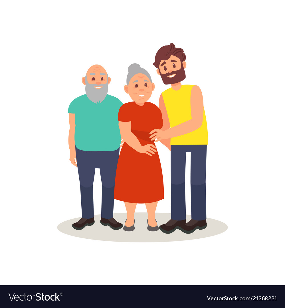 Smiling elderly couple and their adult son posing