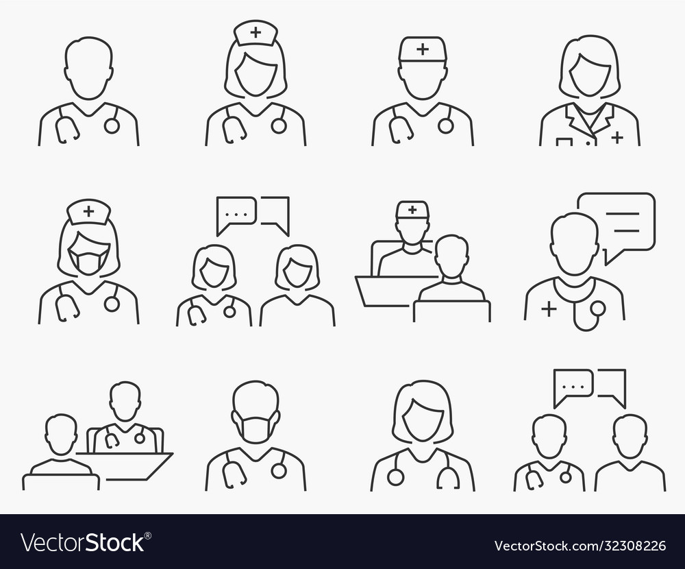 Doctor and nurse line icons set black Royalty Free Vector