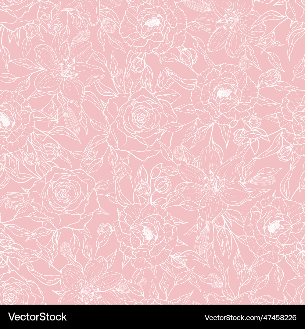 Hand drawn seamless pattern of blooming pink Vector Image