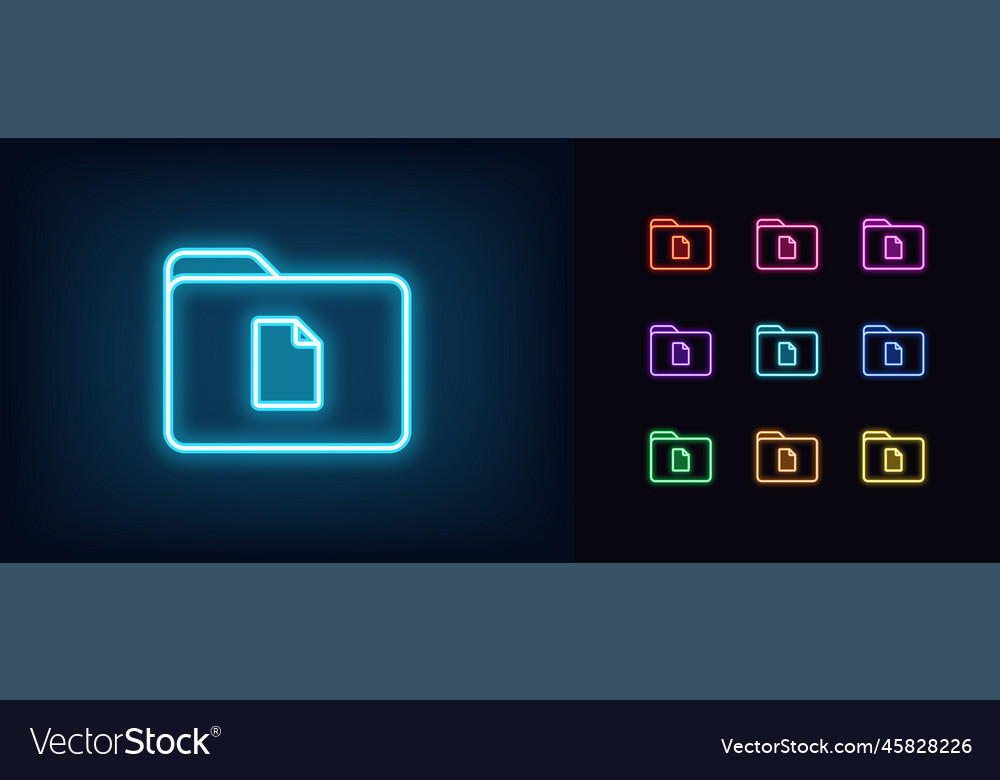 Outline neon file folder icon set glowing