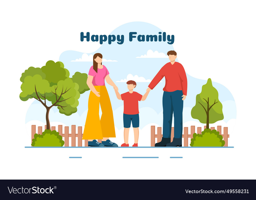 Happy family with mom dad and children characters