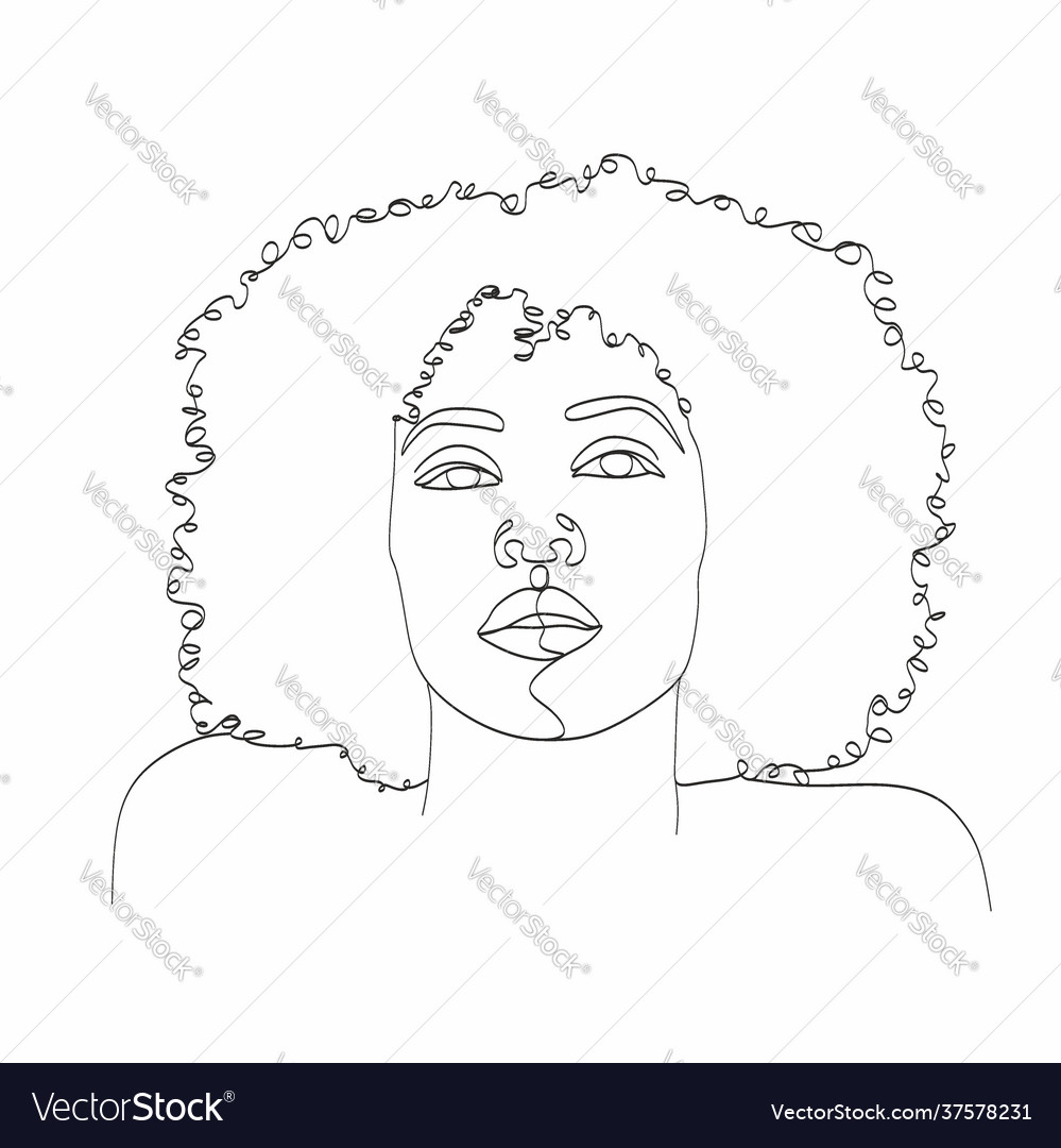 Line art woman face drawing black afro Royalty Free Vector