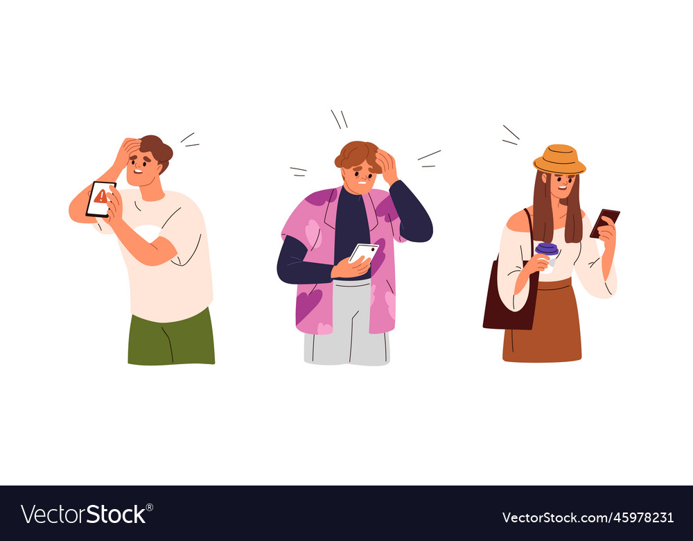 Sad anxious characters with mobile phones reading