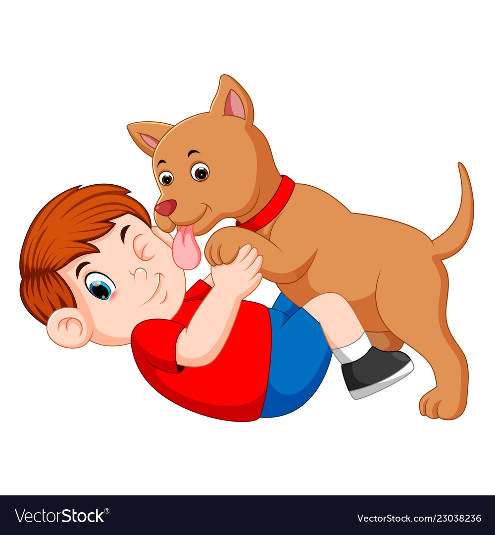 Boy playing with dog and licking his owner