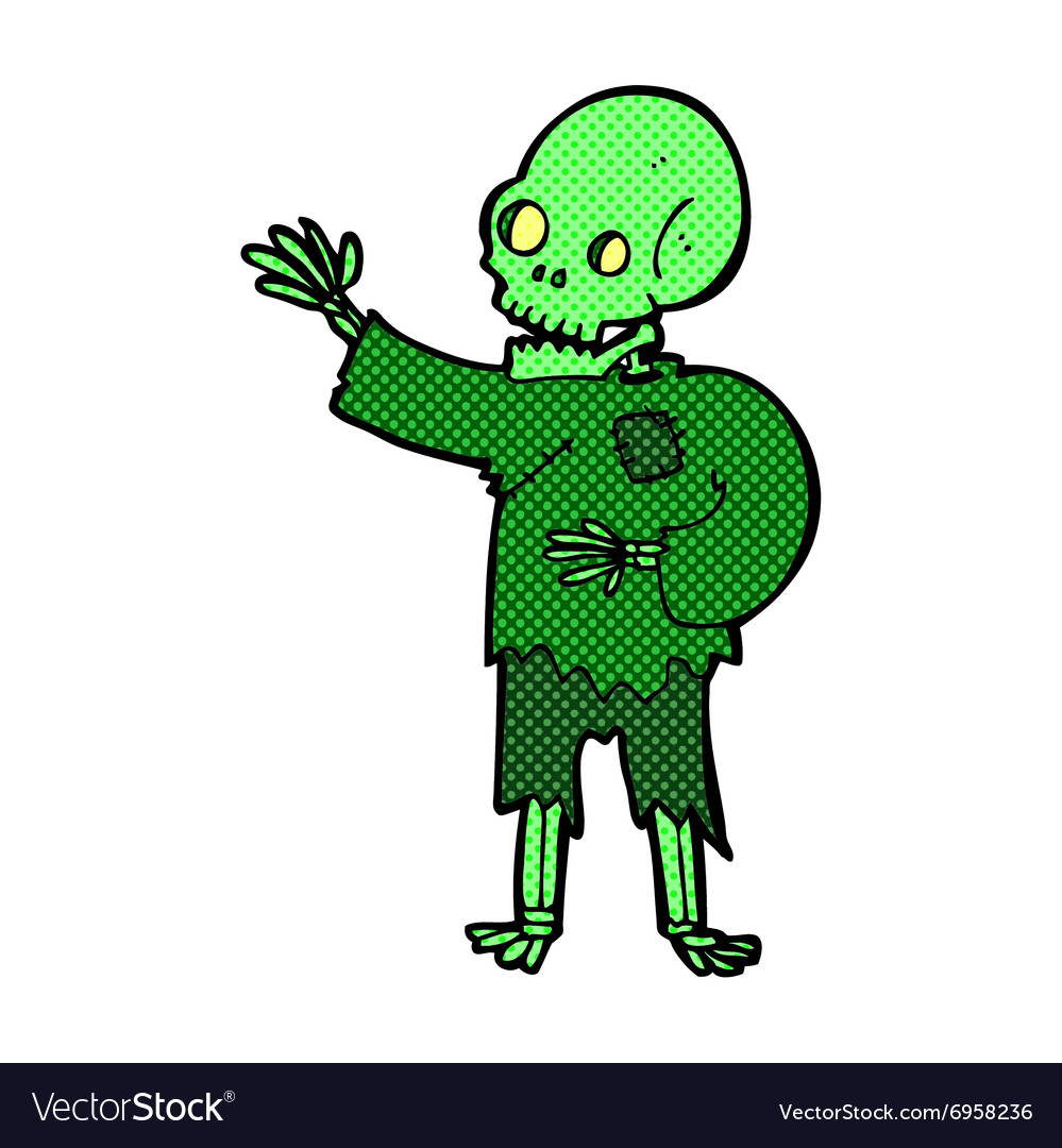 Comic cartoon skeleton waving