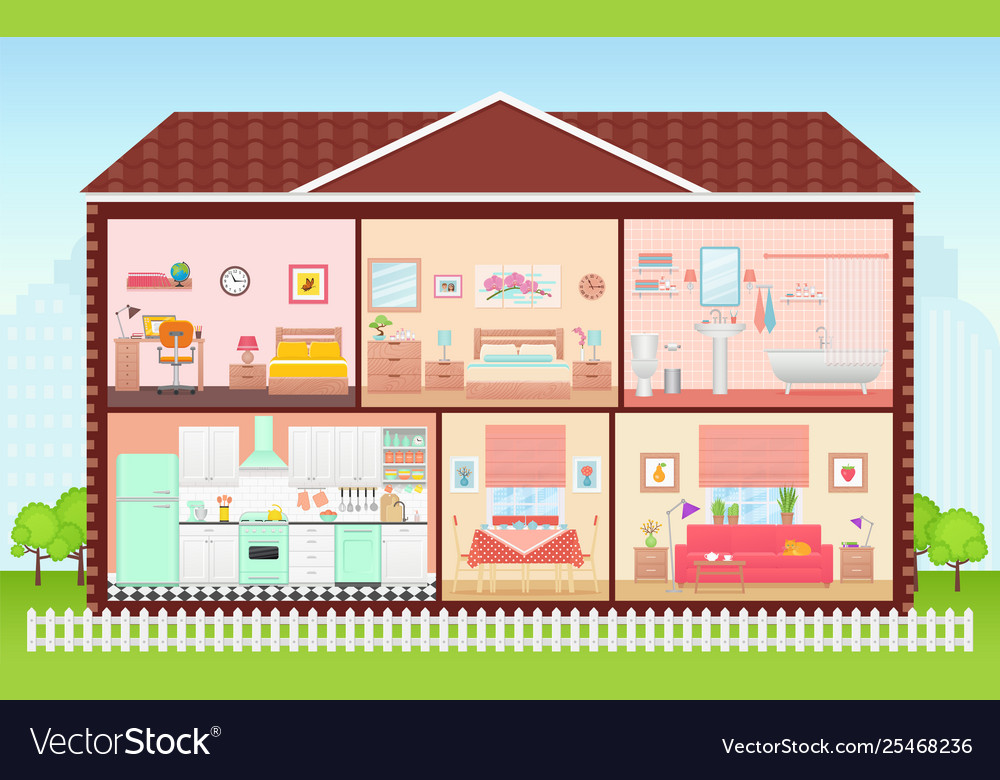 House inside with rooms interiors in flat design Vector Image