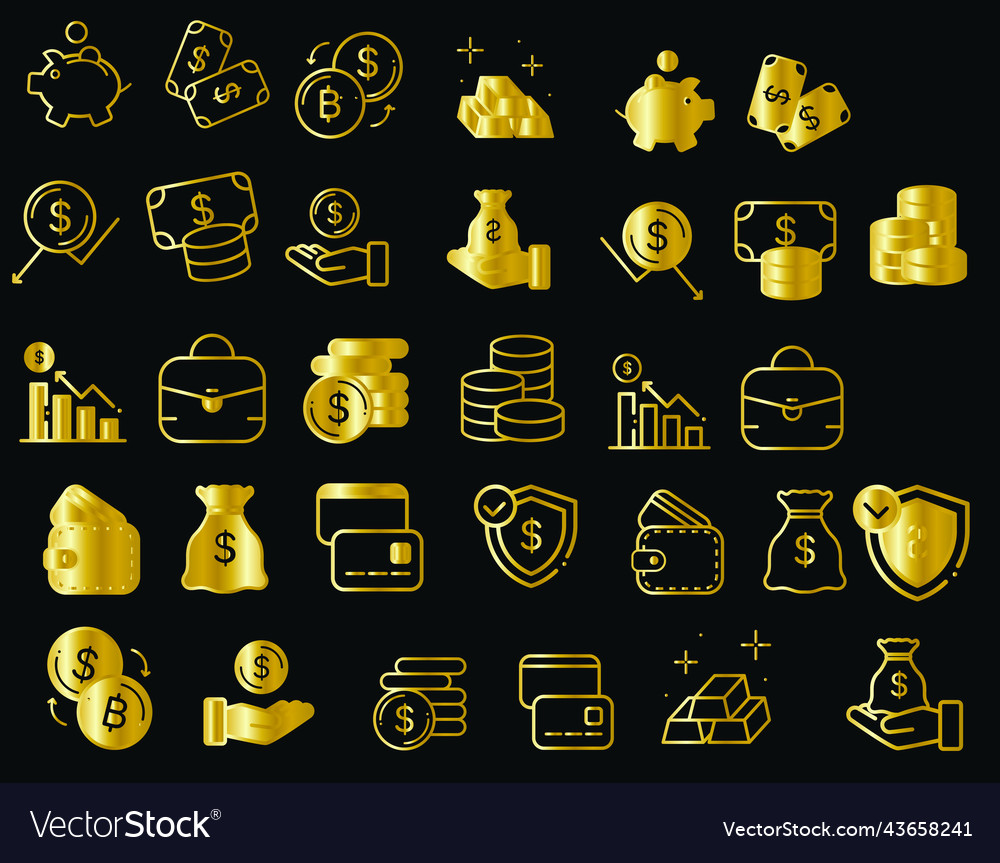 Gold financial icons isolate on black background