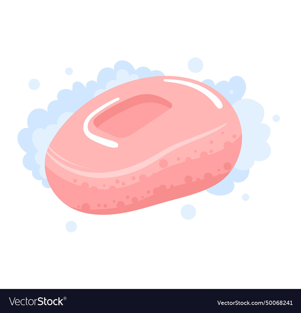 Pink soap bar with foam bubbles cleanliness