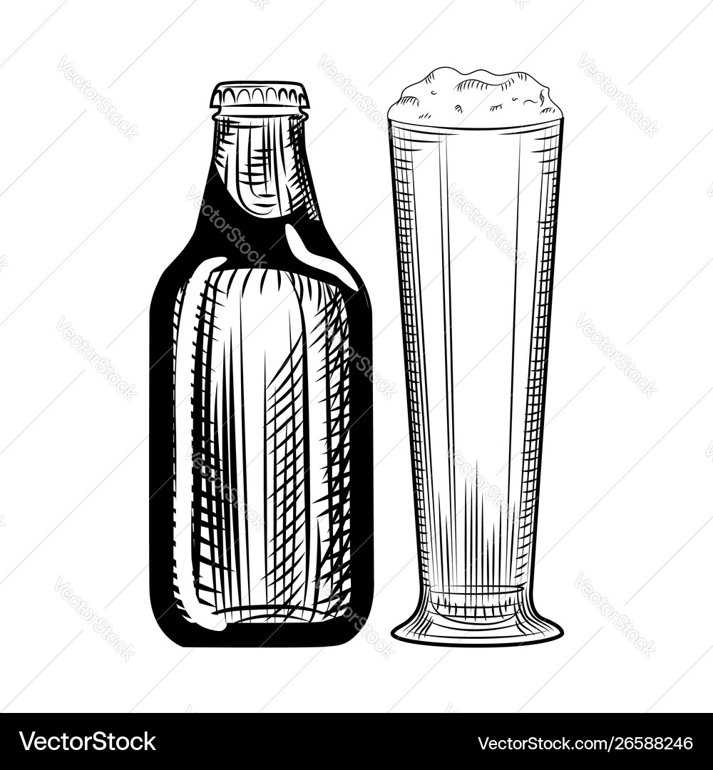 Beer bottle and glass engraving style Royalty Free Vector