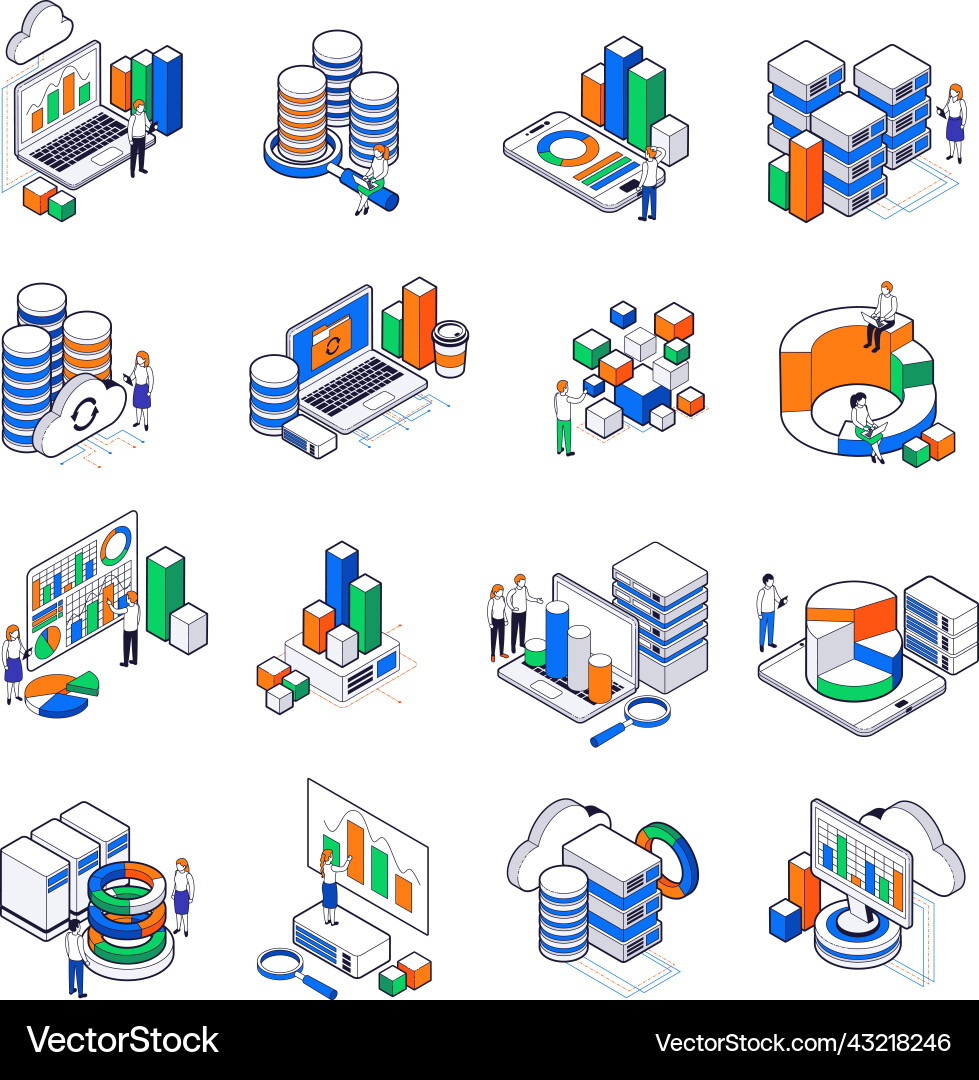 Big data exchange isometric set Royalty Free Vector Image