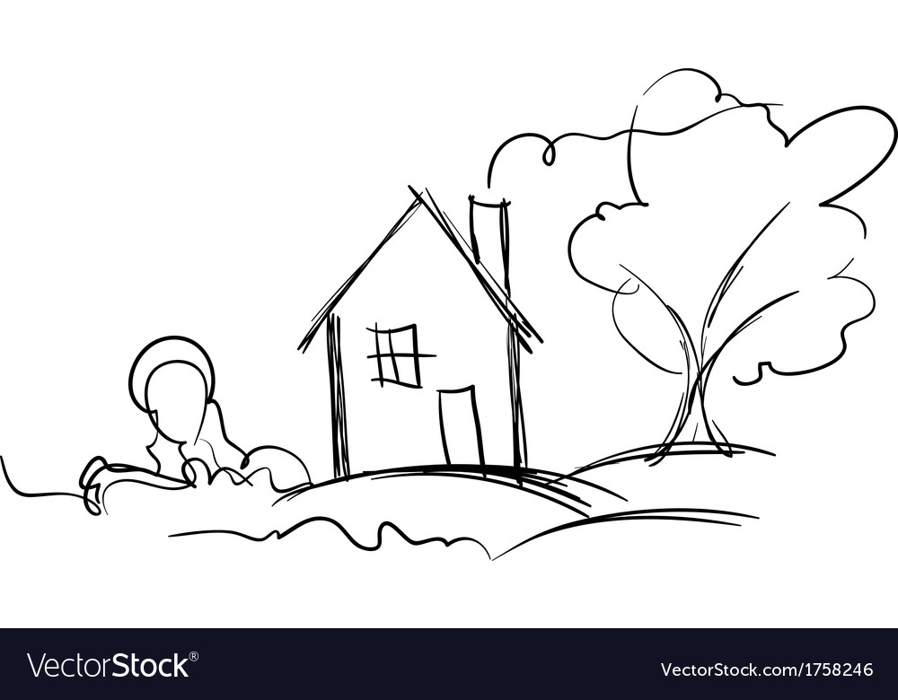 Black And White Sketch Of Village House And Tree Vector Image