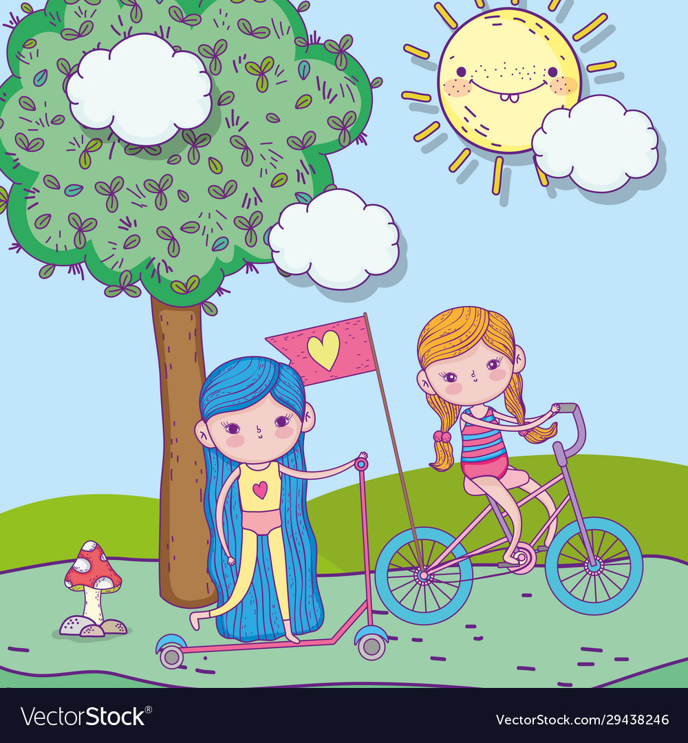 Happy children day cute girls riding bike