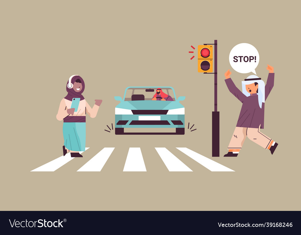 Crosswalk accident. Pedestrian with smartphone and headphones