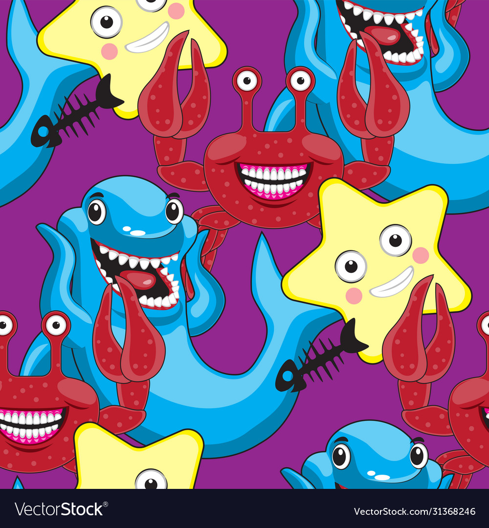 Seamless pattern for children shark crab star