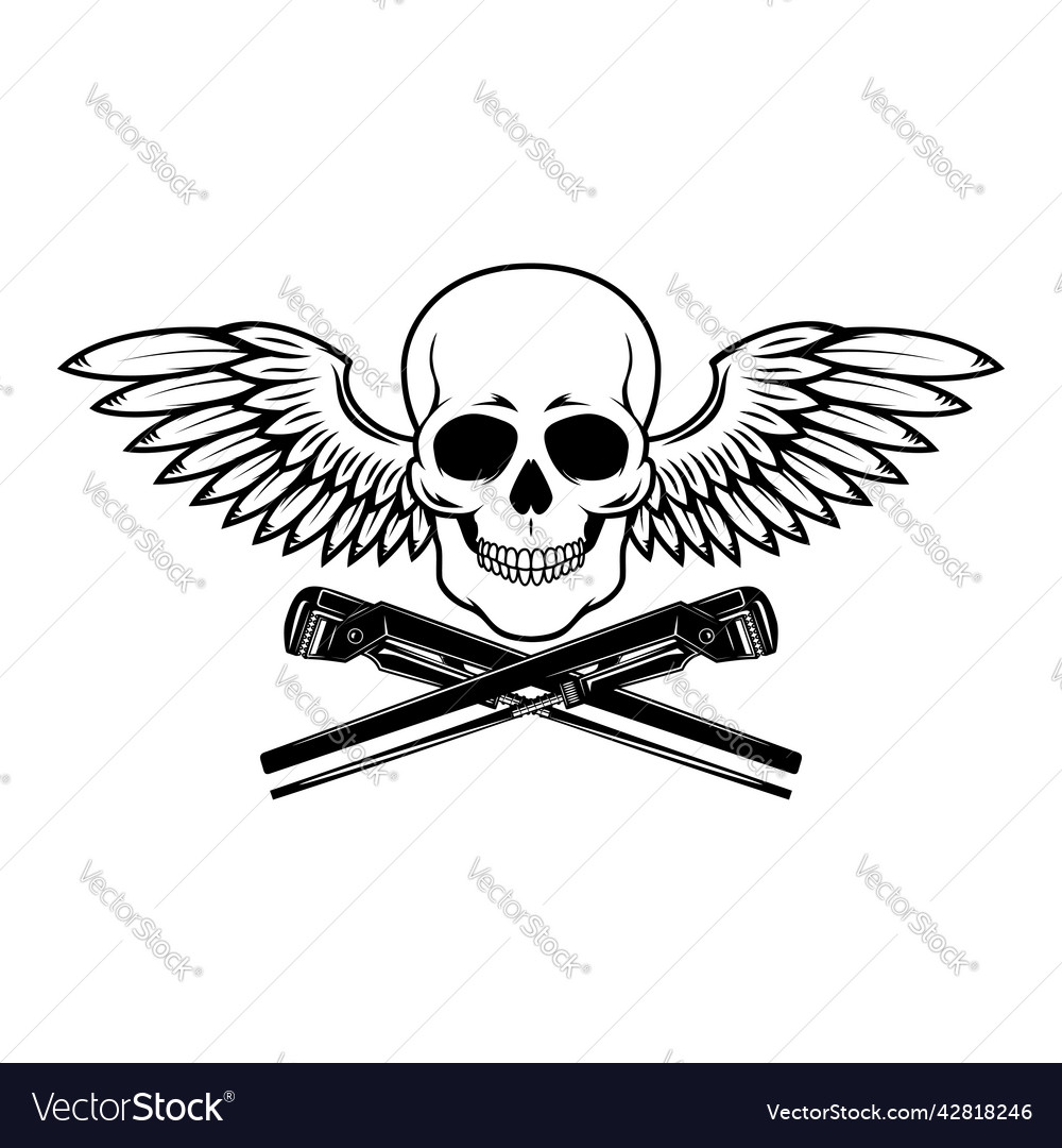 Winged skull with crossed wrenches design element Vector Image