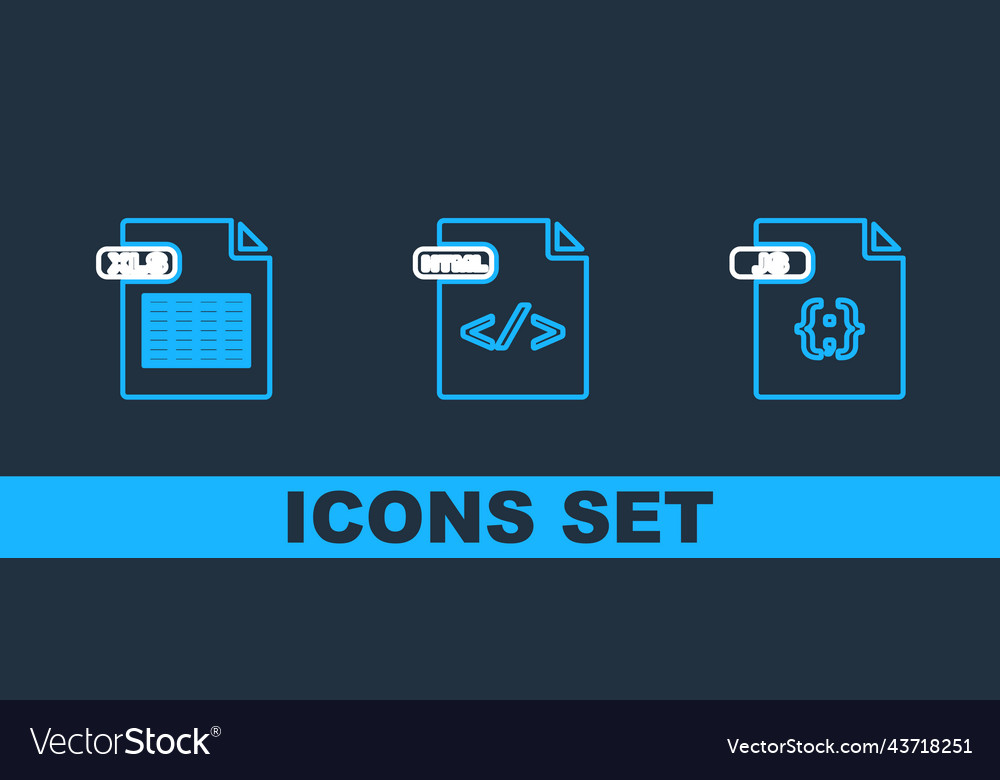 Set line js file document xls and html icon vector image Set line js file document xls and html icon