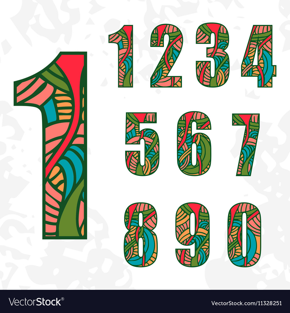 Set of doodle numbers with abstract pattern