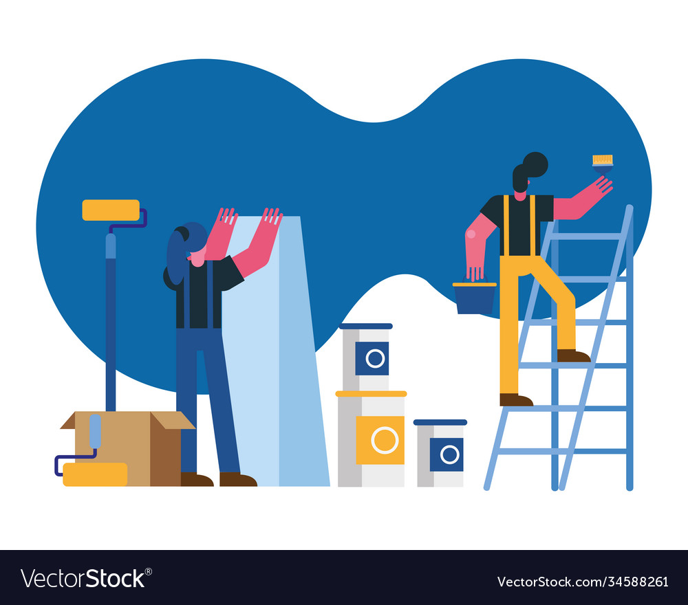 Constructors workers couple remodeling painting Vector Image