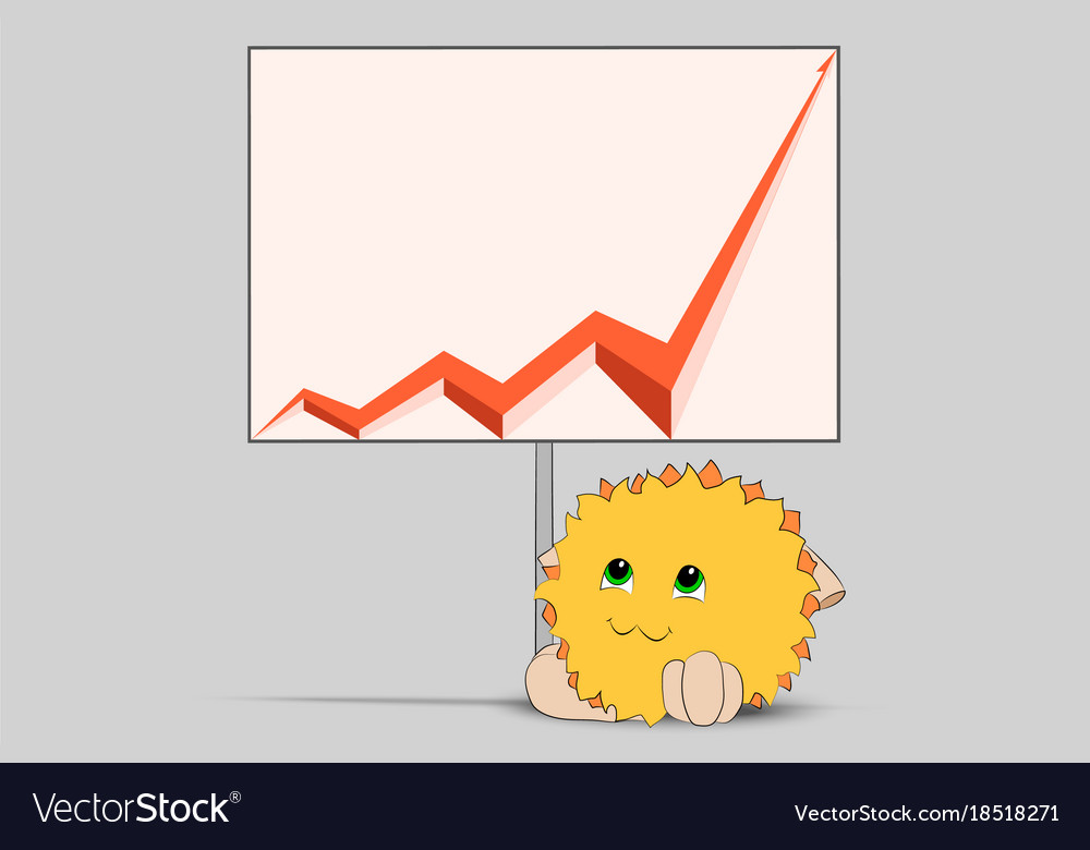 Cute cartoon character looking at a red graph