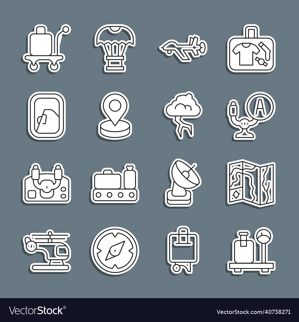 Set line scale with suitcase world travel map vector image Set line scale with suitcase world travel map