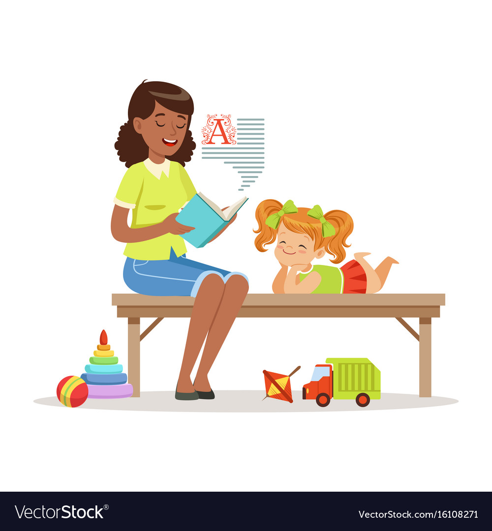 Teacher reading a book to little girl while Vector Image