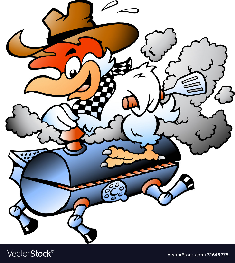 Cartoon an chef chicken riding a bbq grill Vector Image