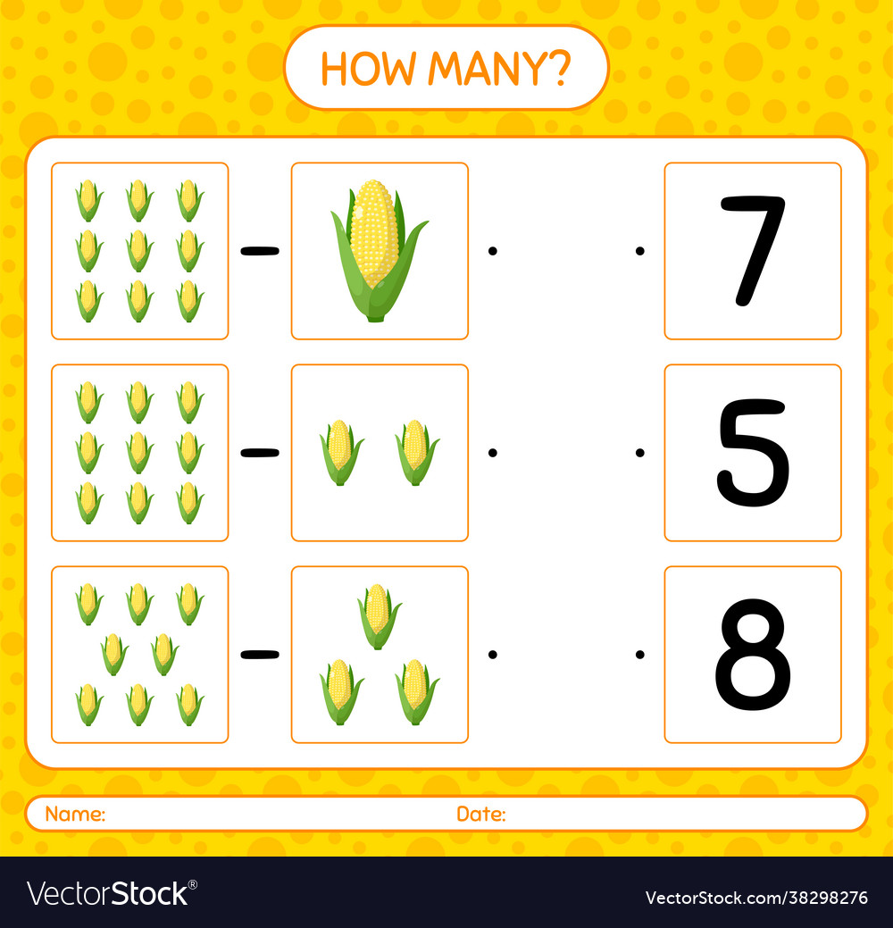How many counting game with corn worksheet vector image How many counting game with corn worksheet