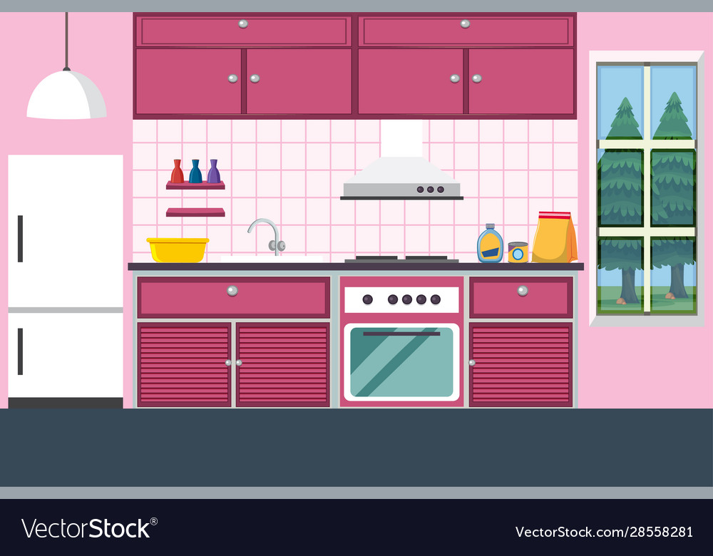 Kitchen with furniture in pink Royalty Free Vector Image