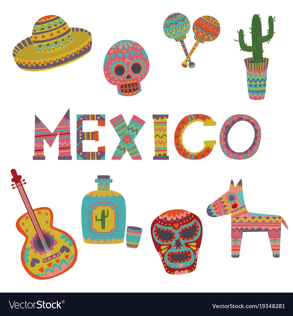 Mexico Set Symbols Of Mexican Culture Cartoon Vector Image