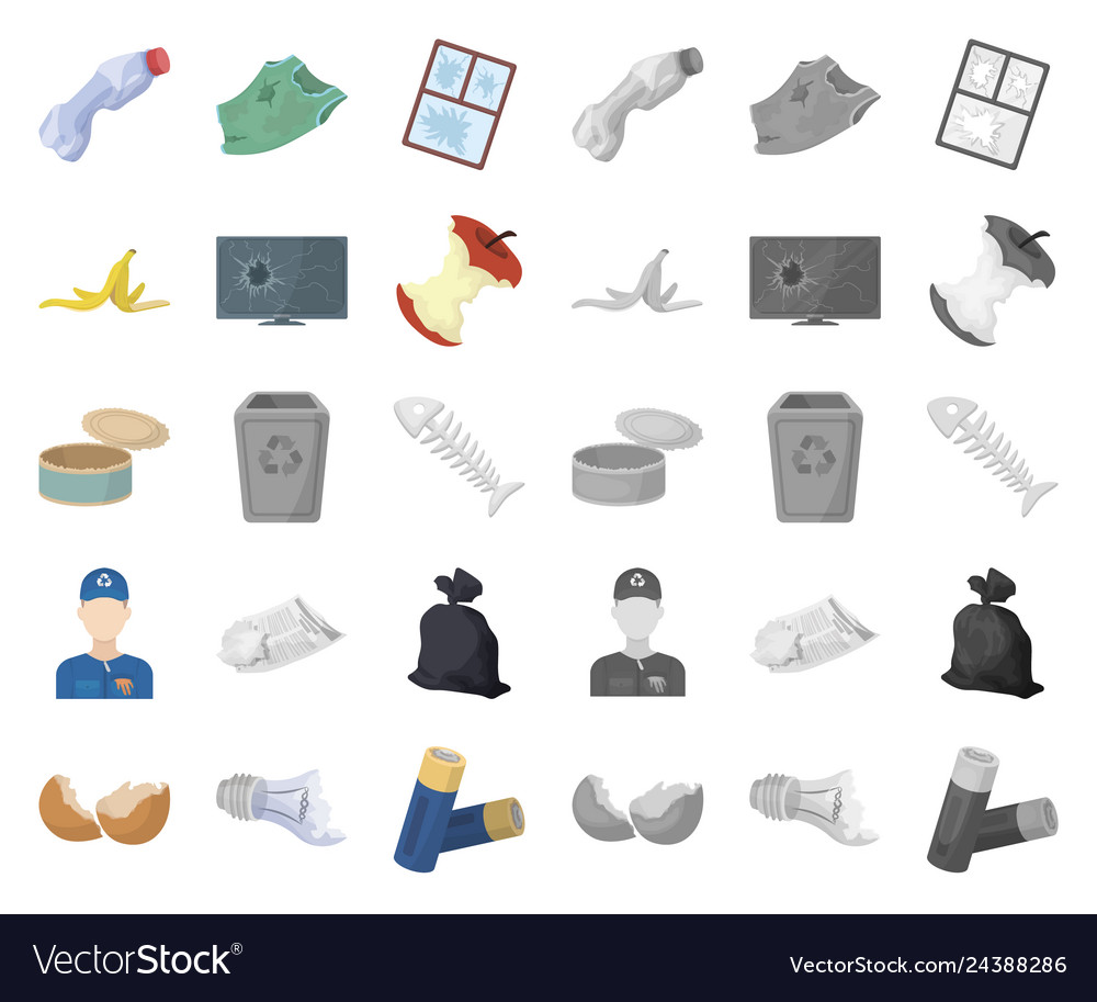 Garbage and waste cartoonmono icons in set