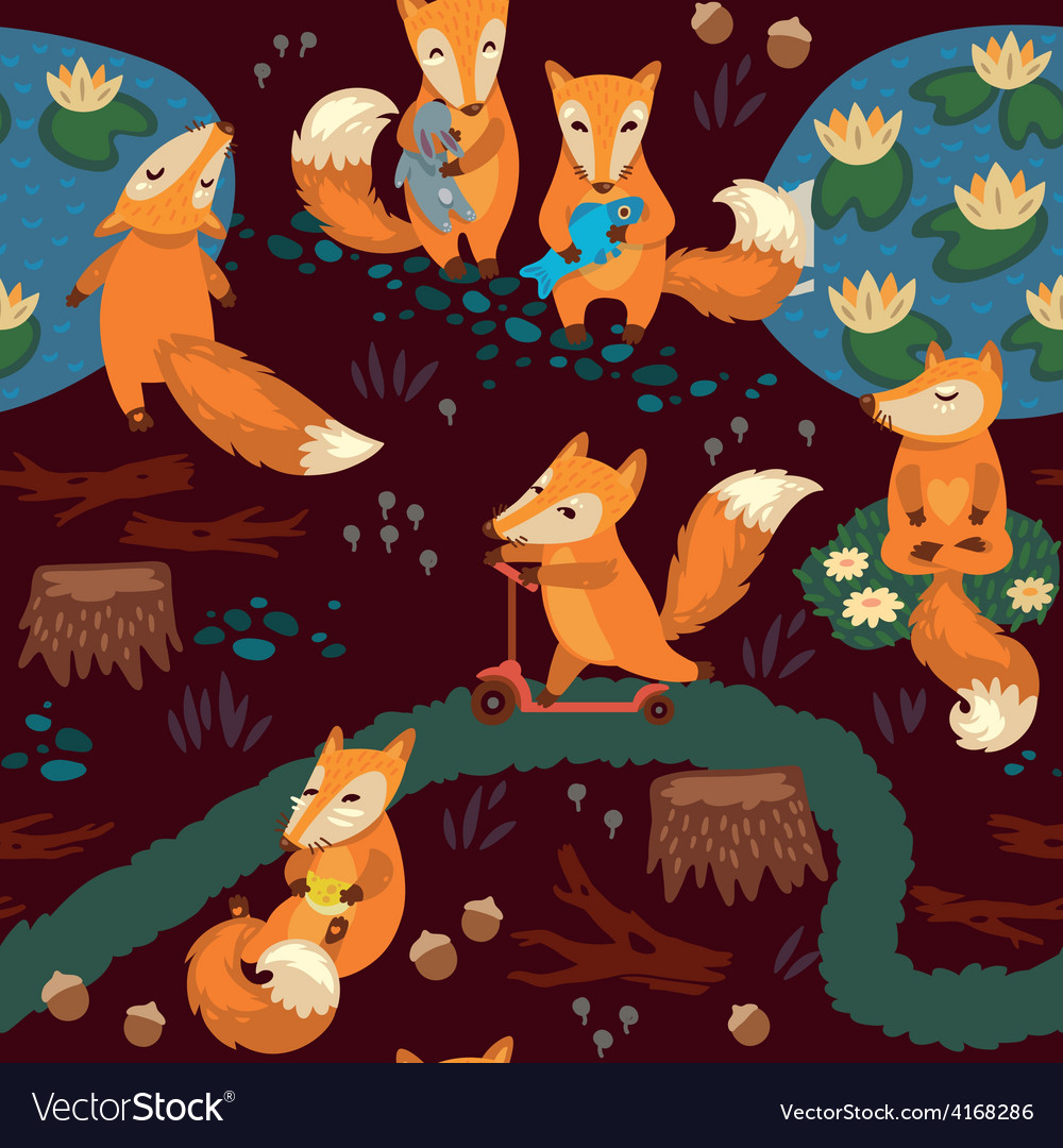 Seamless pattern with little cute foxes cartoon