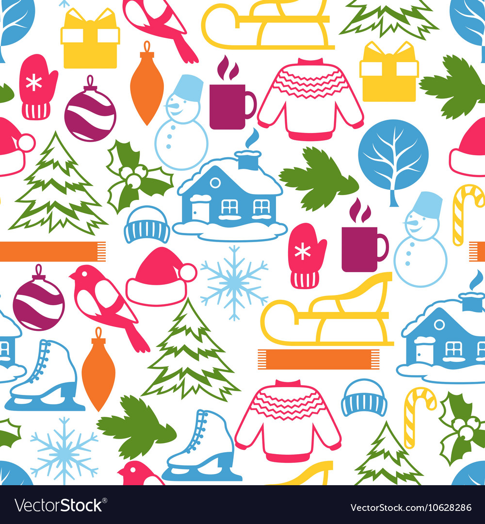 Seamless pattern with winter objects merry