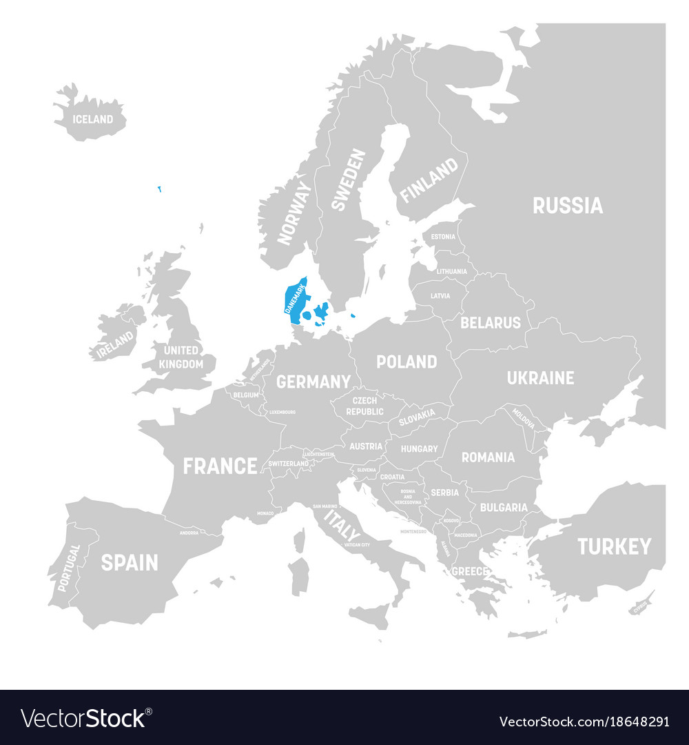 Denmark marked by blue in grey political map Vector Image