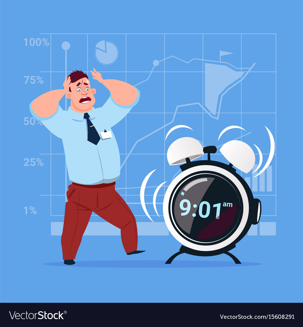 Scared business man with alarm clock deadline time