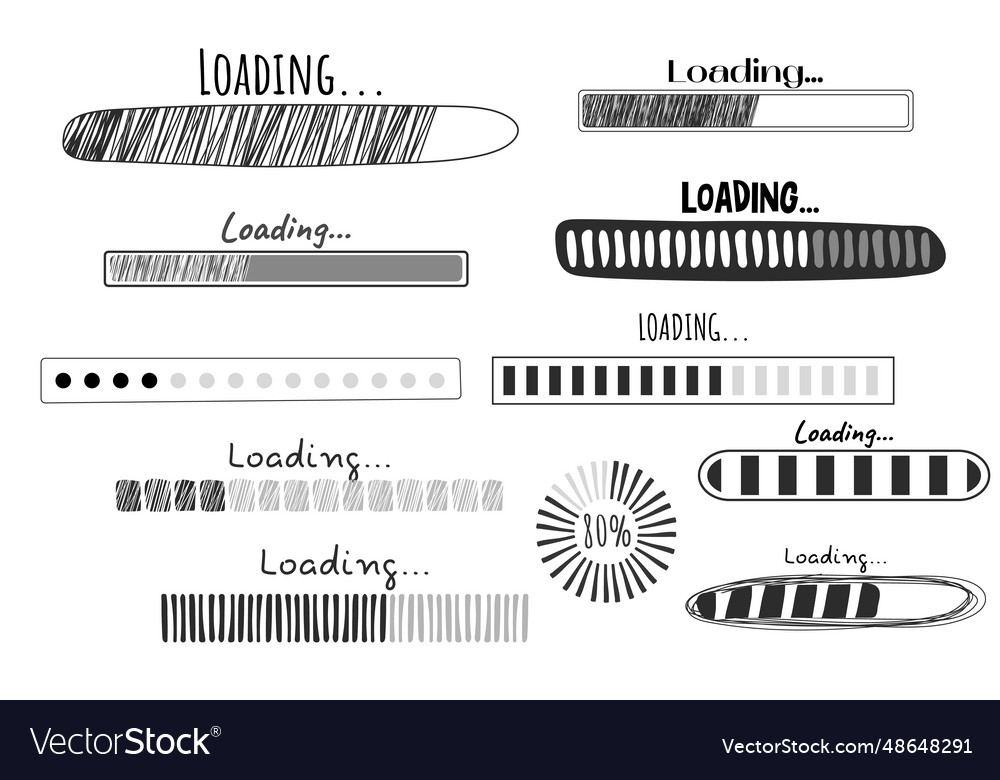Set loading bar progress in doodle style isolated vector image Set loading bar progress in doodle style isolated
