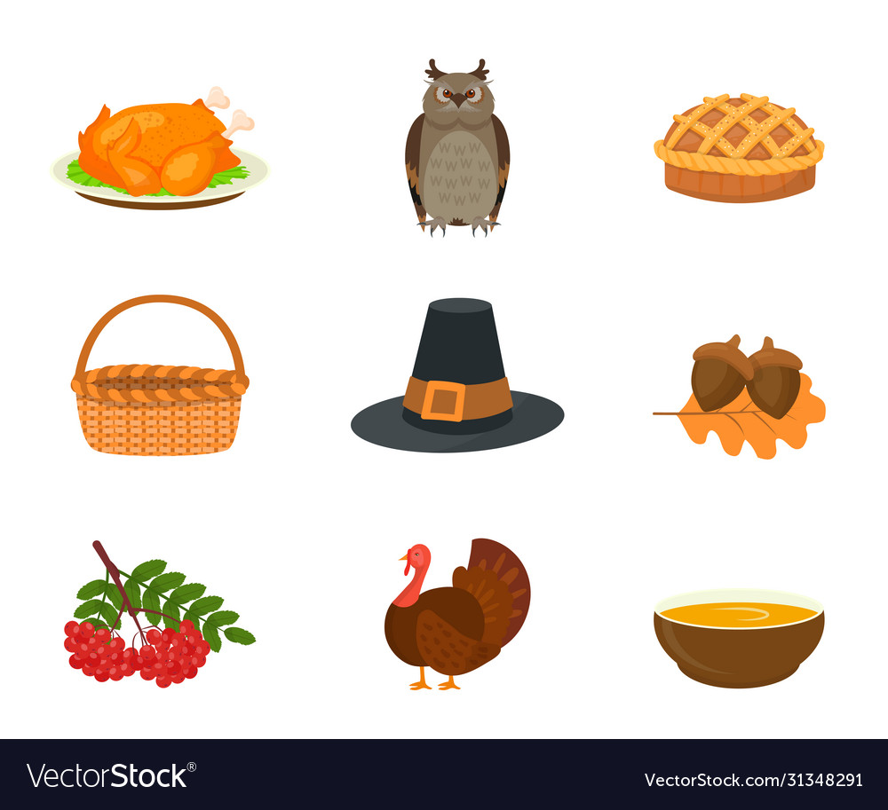 Thanksgiving symbols flat set Royalty Free Vector Image