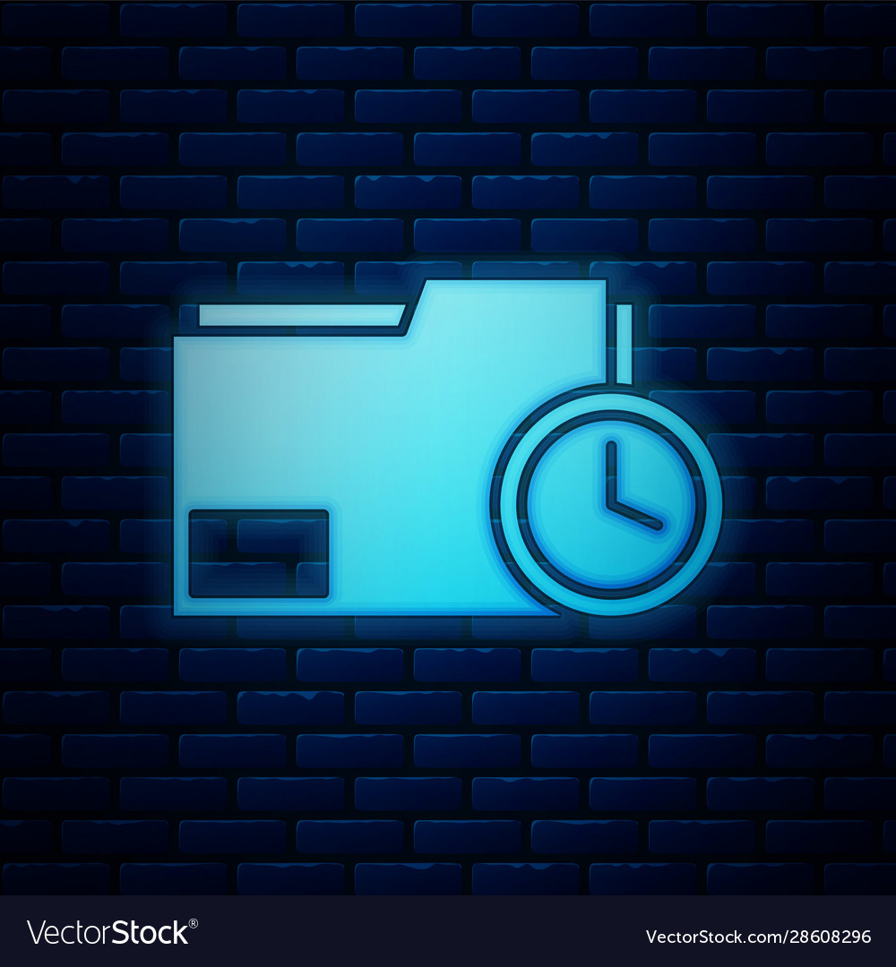 Glowing neon document folder with clock icon vector image Glowing neon document folder with clock icon